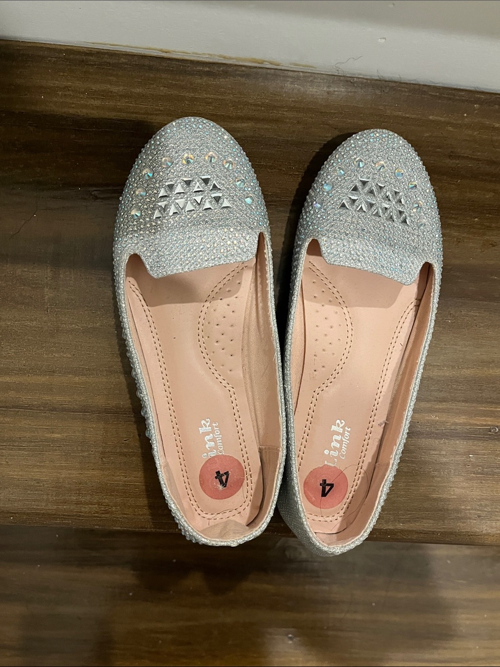 Sparkling Silver Flat Loafers with Pink Insole